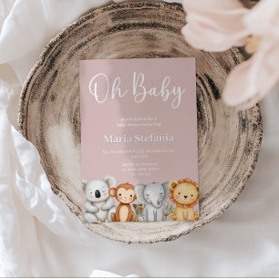 Invitation Baby shower Safari Jungle Tropicale Rose Animaux
