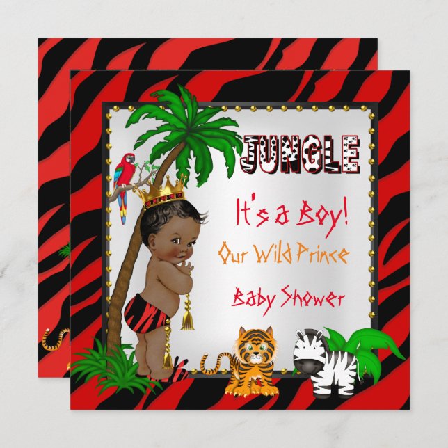 Invitation Baby shower Safari Jungle Wild Prince Red Ethnic (Devant / Derrière)