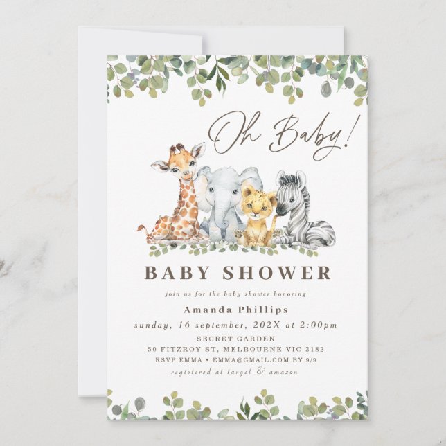 Invitation Baby shower Safari moderne Green Eucalyptus Foliag (Devant)
