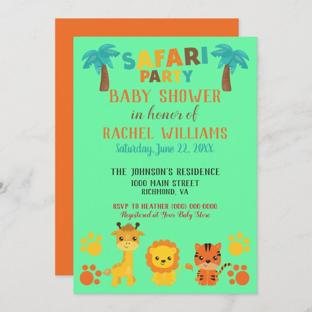 Invitation Baby shower Safari neutre pour les femmes (Devant / Derrière)