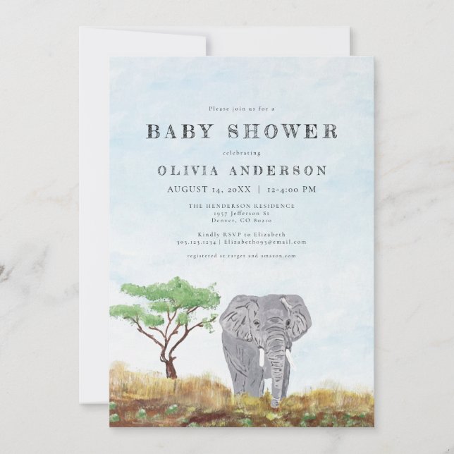 Invitation Baby shower Safari Peint Elephant Stay Wild (Devant)
