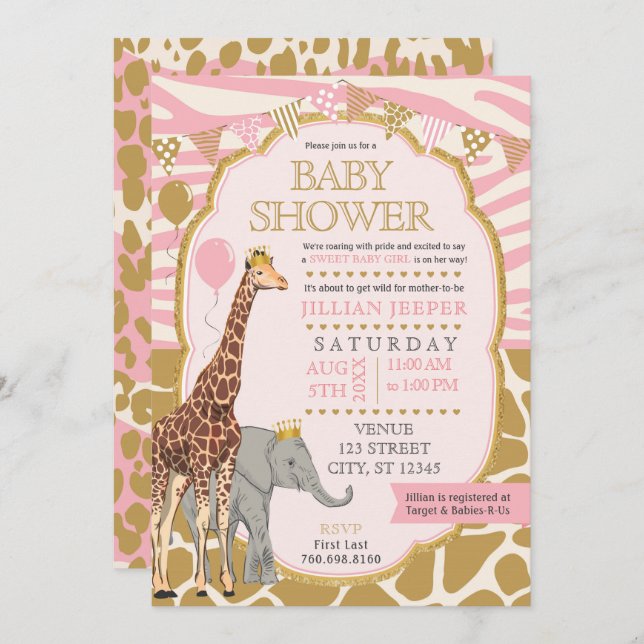 Invitation Baby shower Safari (Rose fille) (Devant / Derrière)