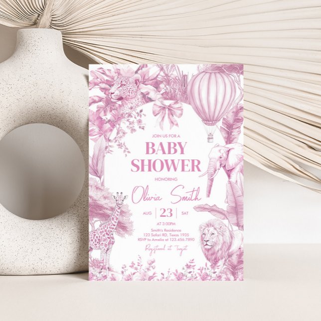Invitation Baby shower Safari Toile Rose (Pink Bow Toile Safari Baby Shower Invitation)