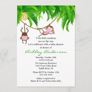 Invitation Baby shower Safari Twin Monkeys