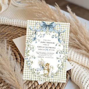 Invitation Baby Shower Sage Gingham Forêt Écureuil