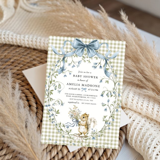 Invitation Baby Shower Sage Gingham Forêt Écureuil (Créateur téléchargé)