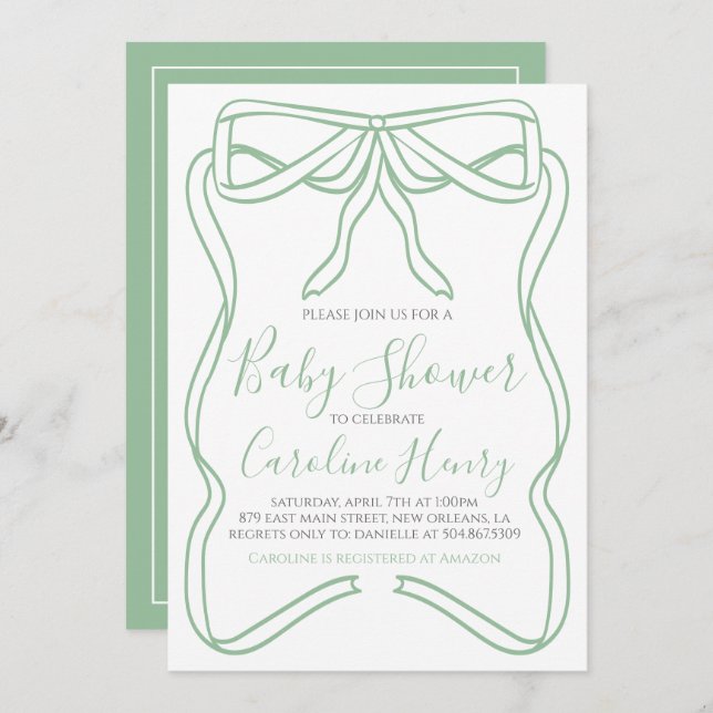 Invitation Baby shower Sage Green Coquette Bow FAIRE N'IMPORT (Devant / Derrière)