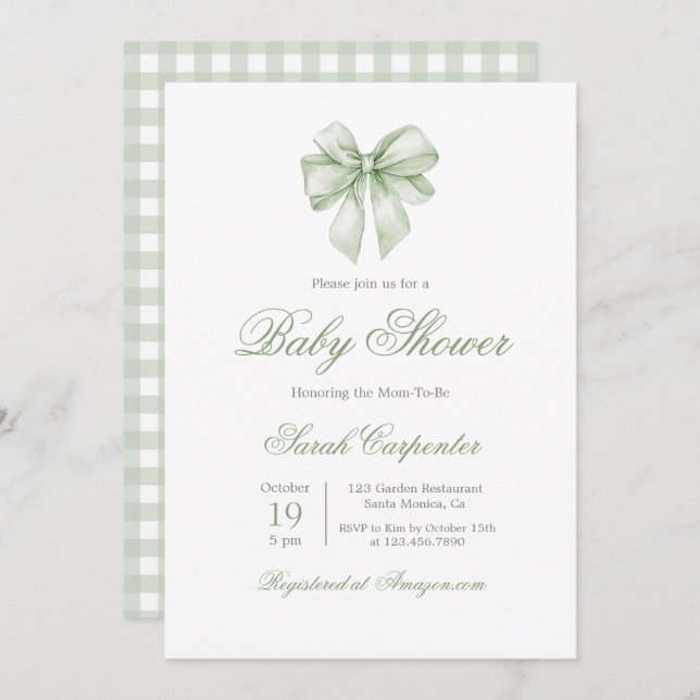 Invitation Baby shower Sage Green En vichy et Bow (Devant / Derrière)