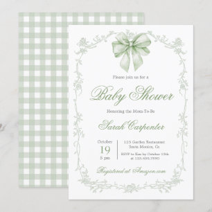 Invitation Baby shower Sage Green En vichy et Bow
