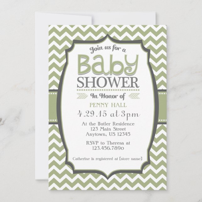 Invitation Baby shower Sage Green Grey Chevron (Devant)
