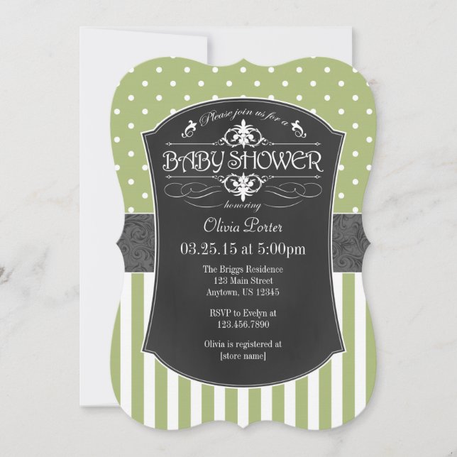 Invitation Baby shower Sage Green Gris Chalkboard (Devant)