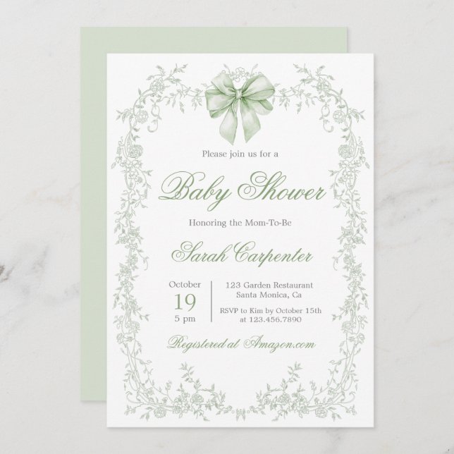 Invitation Baby shower Sage Green Toile et Bow (Devant / Derrière)