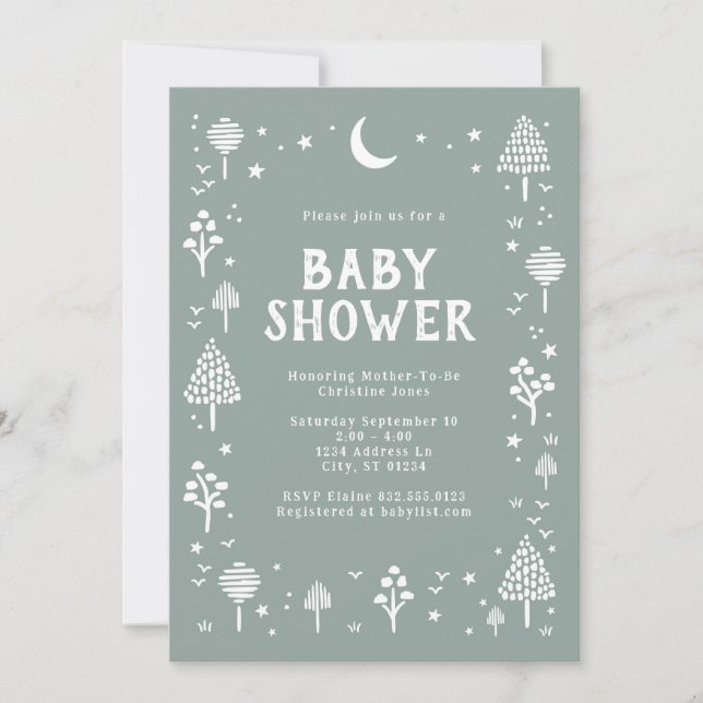 Invitation Baby shower Sage Green Woodlands & Stars (Devant)