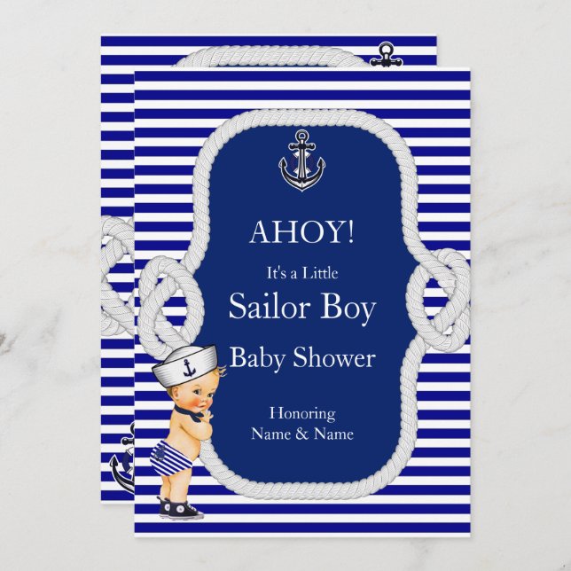 Invitation Baby shower Sailor Boy Blue Stripe Blonde (Devant / Derrière)