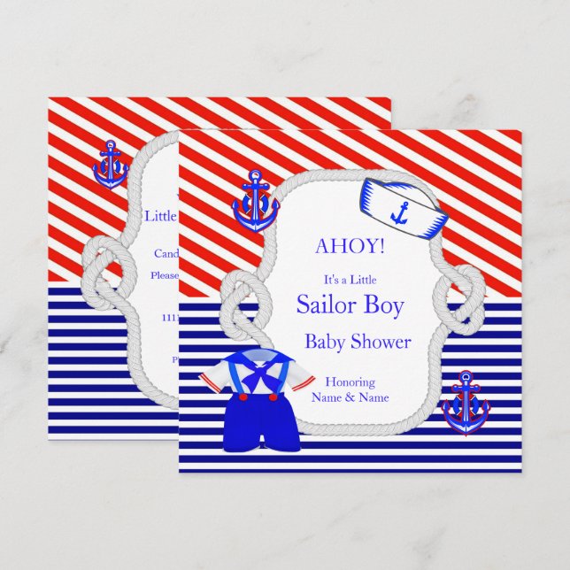 Invitation Baby shower Sailor Suit Boy Rouge Royal Bleu Strip (Devant / Derrière)