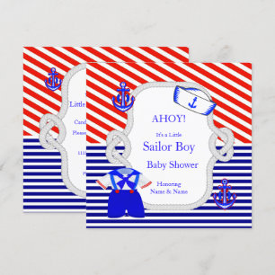 Invitation Baby shower Sailor Suit Boy Rouge Royal Bleu Strip