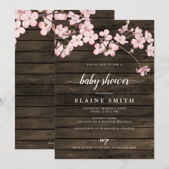 Invitation Baby shower Sakura Cherry Blossoms Rose Bois (Devant / Derrière)