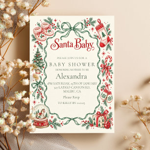 Invitation Baby Shower Santa Rouge Vert Doodles
