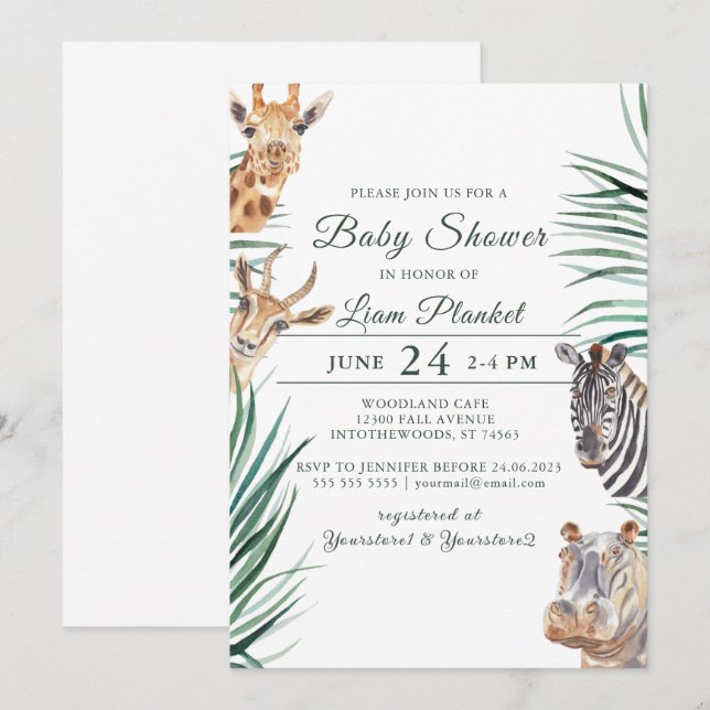 Invitation Baby shower sauvage Jungle Safari (Devant / Derrière)
