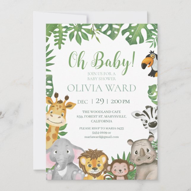 Invitation Baby shower sauvage Safari Jungle tropical verdure (Devant)