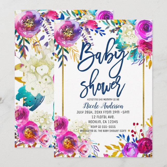 Invitation Baby Shower Script Bleu Gras Floral Aquarelle (Devant / Derrière)