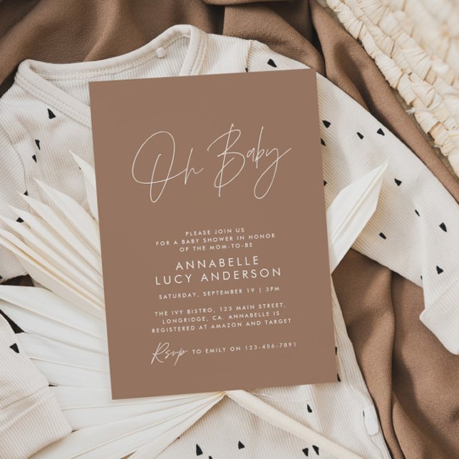 Invitation Baby shower script brun moderne brun élégant (Créateur téléchargé)