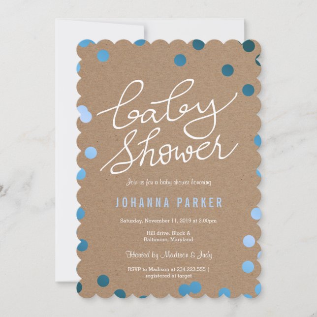 Invitation Baby shower Script Kraft papier bleu Confetti (Devant)