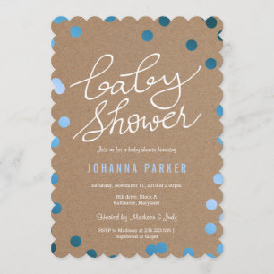 Invitation Baby shower Script Kraft papier bleu Confetti