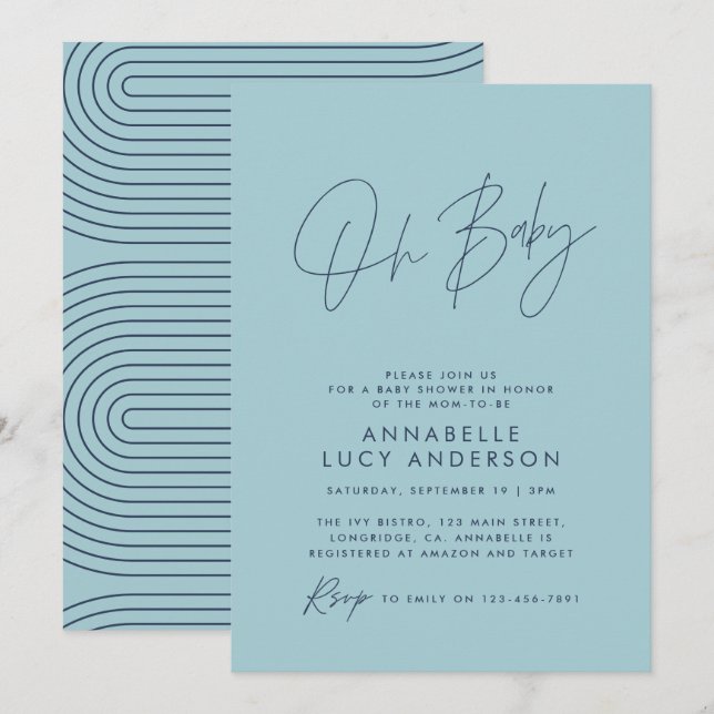 Invitation Baby shower script moderne bébé bleu élégant (Devant / Derrière)