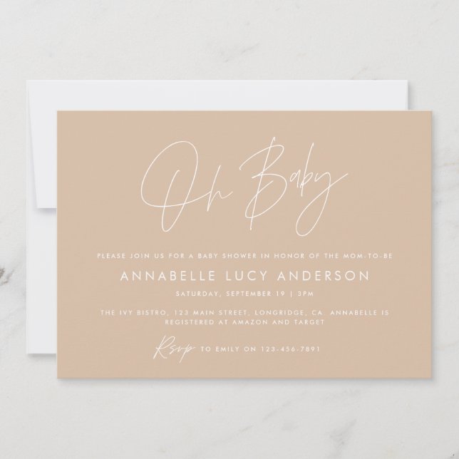 Invitation Baby shower script moderne beige boho naturel (Devant)