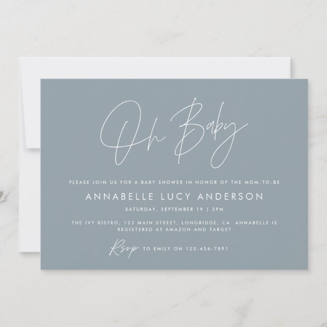 Invitation Baby shower script moderne bleu foncé boho (Devant)