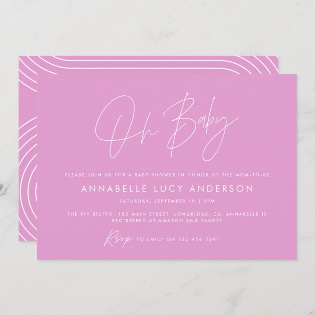 Invitation Baby shower script moderne cerise rose girly (Devant / Derrière)
