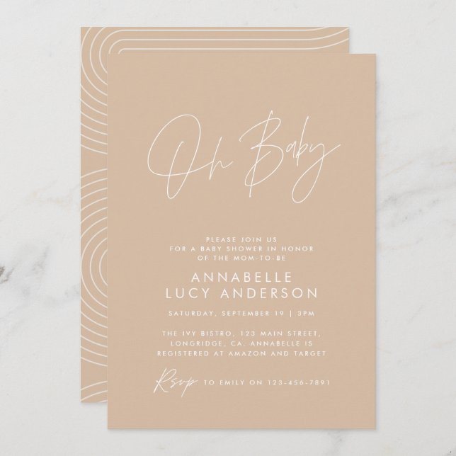Invitation Baby shower script moderne élégant beige naturel (Devant / Derrière)
