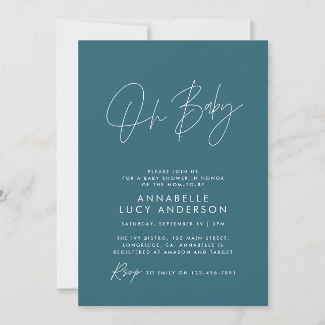 Invitation Baby shower script moderne élégant bleu turquoise (Devant)