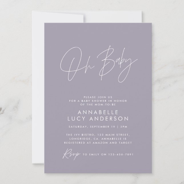 Invitation Baby shower script moderne élégant lilas violet (Devant)