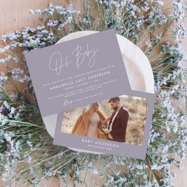 Invitation Baby shower script moderne lilas violet boho photo (Créateur téléchargé)