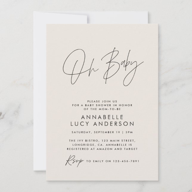 Invitation Baby shower script moderne naturel élégant photo (Devant)