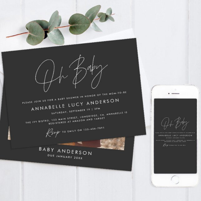 Invitation Baby shower script moderne noir boho photo (Créateur téléchargé)