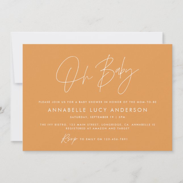Invitation Baby shower script moderne orange boho photo (Devant)