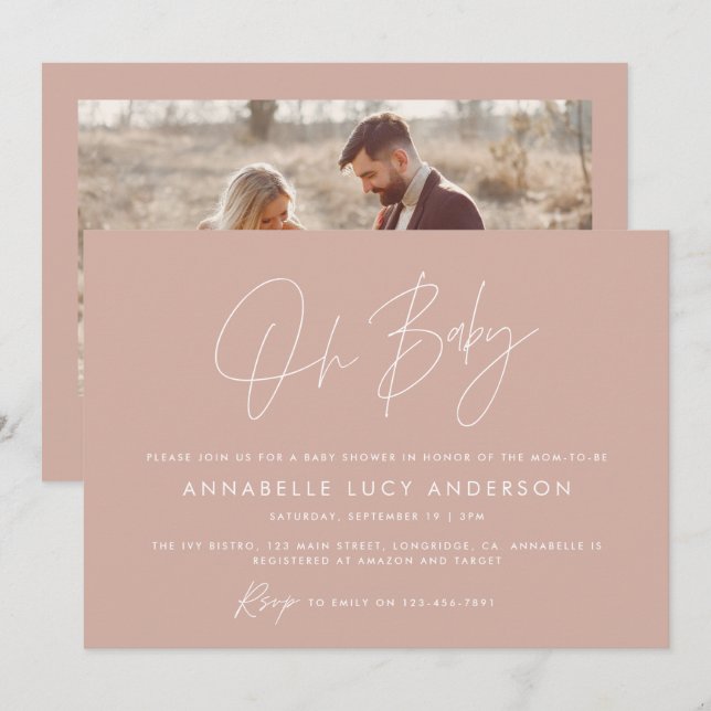 Invitation Baby shower script moderne photo rose terre cuite (Devant / Derrière)