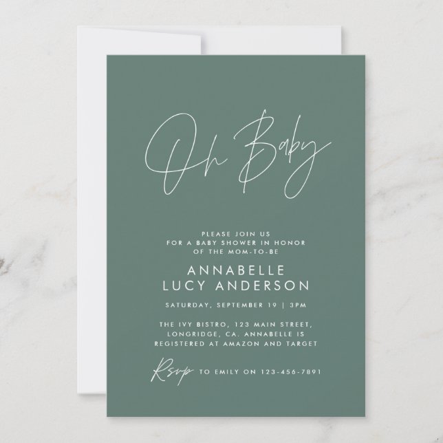 Invitation Baby shower script moderne sauge vert élégant (Devant)
