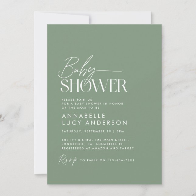 Invitation Baby shower script moderne sauge vert élégant invi (Devant)