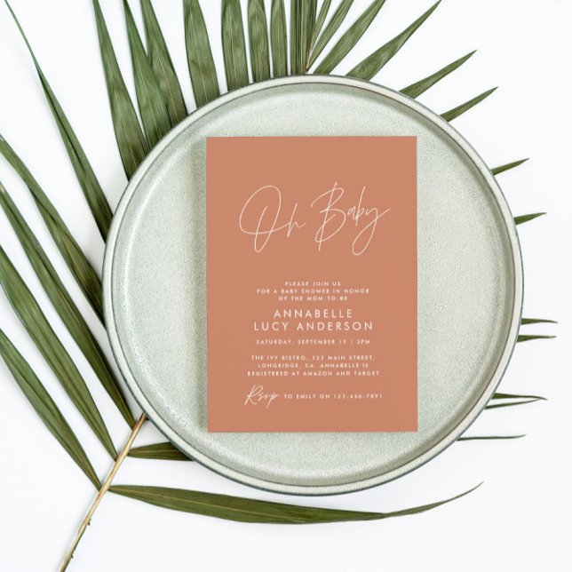 Invitation Baby shower script moderne terre cuite élégante (Créateur téléchargé)