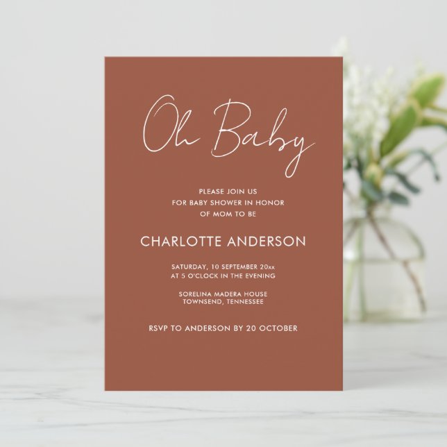 Invitation Baby shower script moderne terre cuite marron élég (Debout devant)
