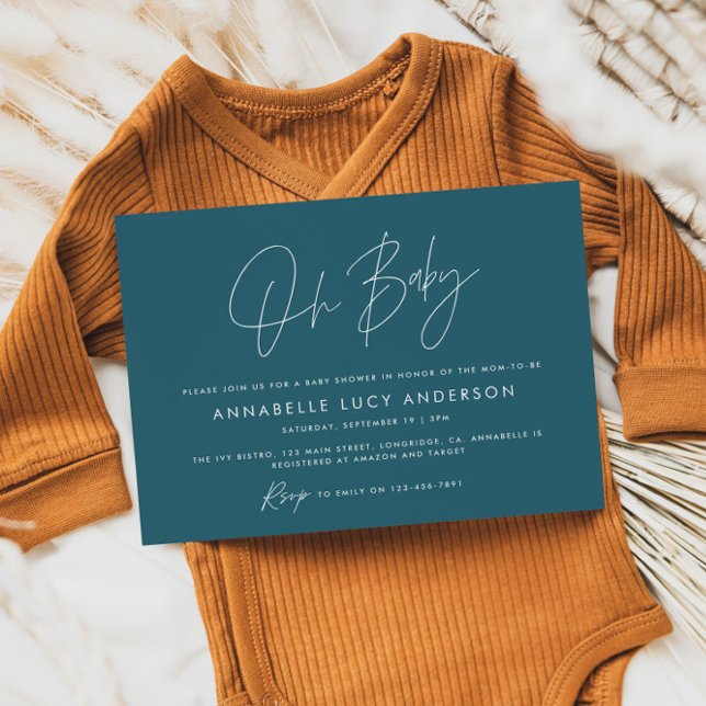 Invitation Baby shower script moderne turquoise bleu boho (Créateur téléchargé)