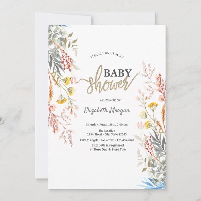 Invitation Baby shower séché Fleur sauvage Whimsical Watercol (Devant)