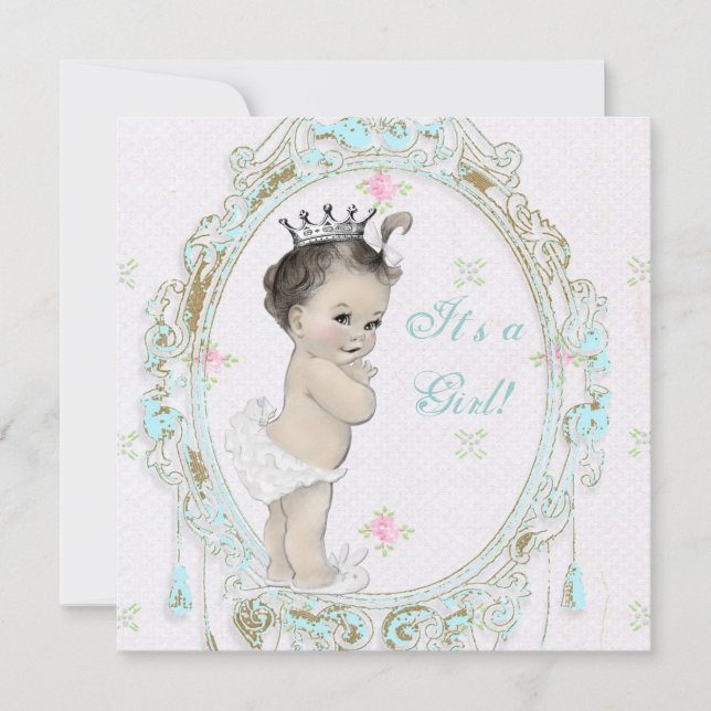 Invitation Baby shower Shab Chic bleu sarcelle Princesse (Devant)
