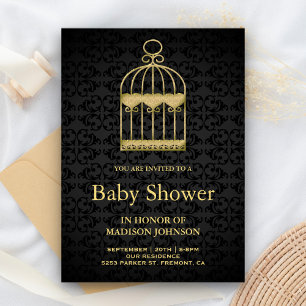 Invitation Baby-Shower Shabby Chic Cage à Oiseaux Dorée