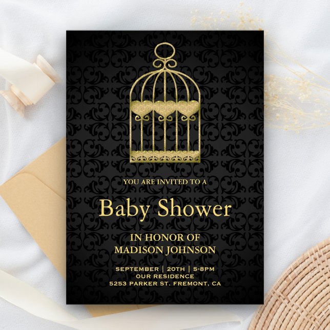 Invitation Baby-Shower Shabby Chic Cage à Oiseaux Dorée (Créateur téléchargé)