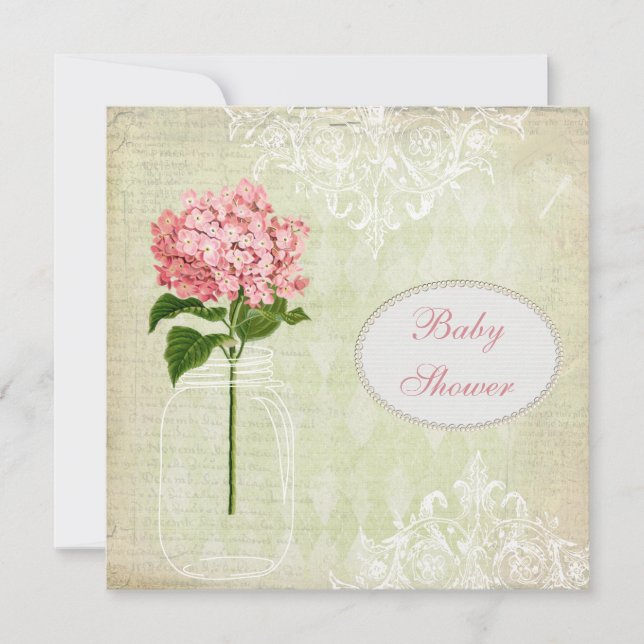 Invitation Baby shower Shabby Chic Mason Jar et Hydrangea (Devant)